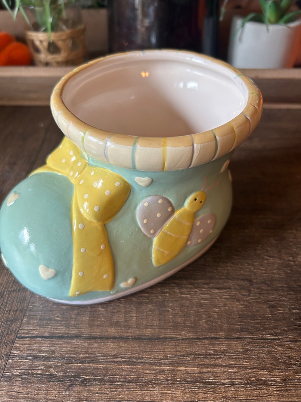 Pastel Yellow & Mint Ceramic Boot Planter with Butterfly Accent